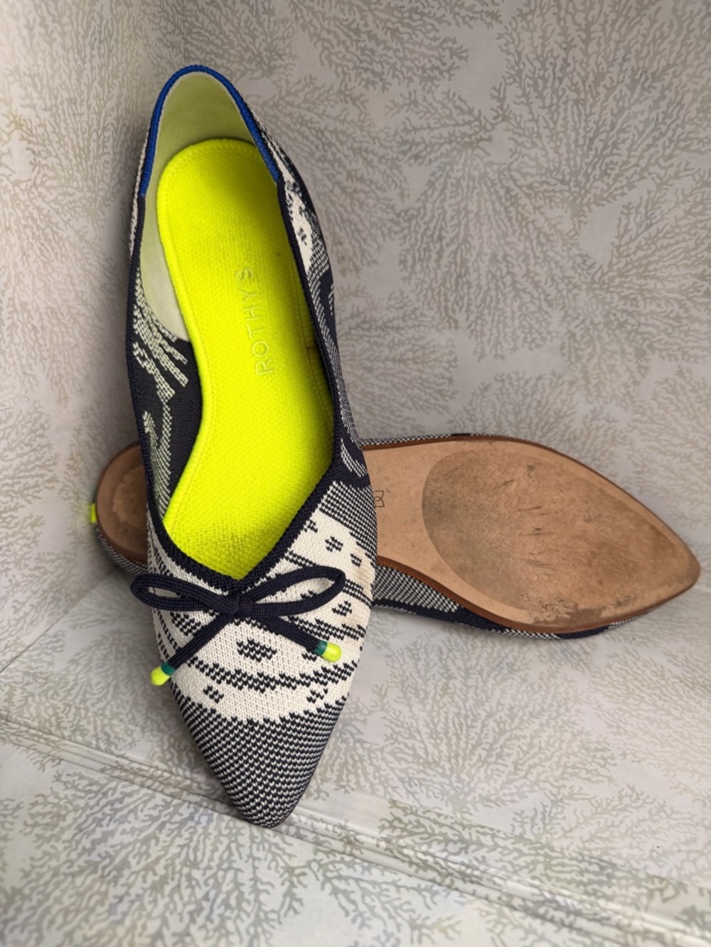 Rothy's Black-and-White Knit Pointed Flats with Neon Yellow Insole and Bow